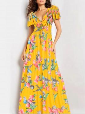 Floral V -Neck Short Sleeved Summer Dress